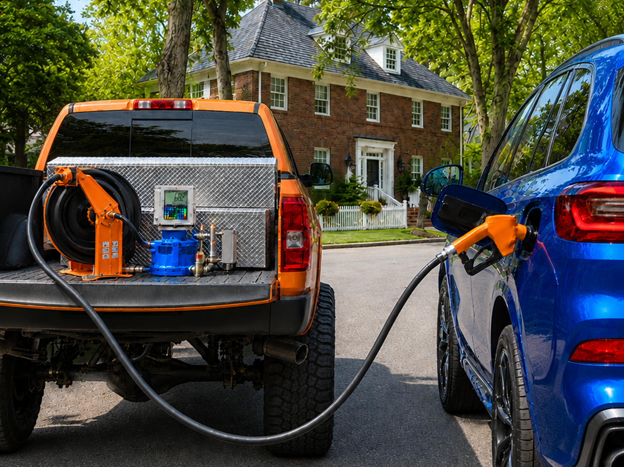 Pump'd fuel truck delivering gas to a customer's vehicle in a driveway