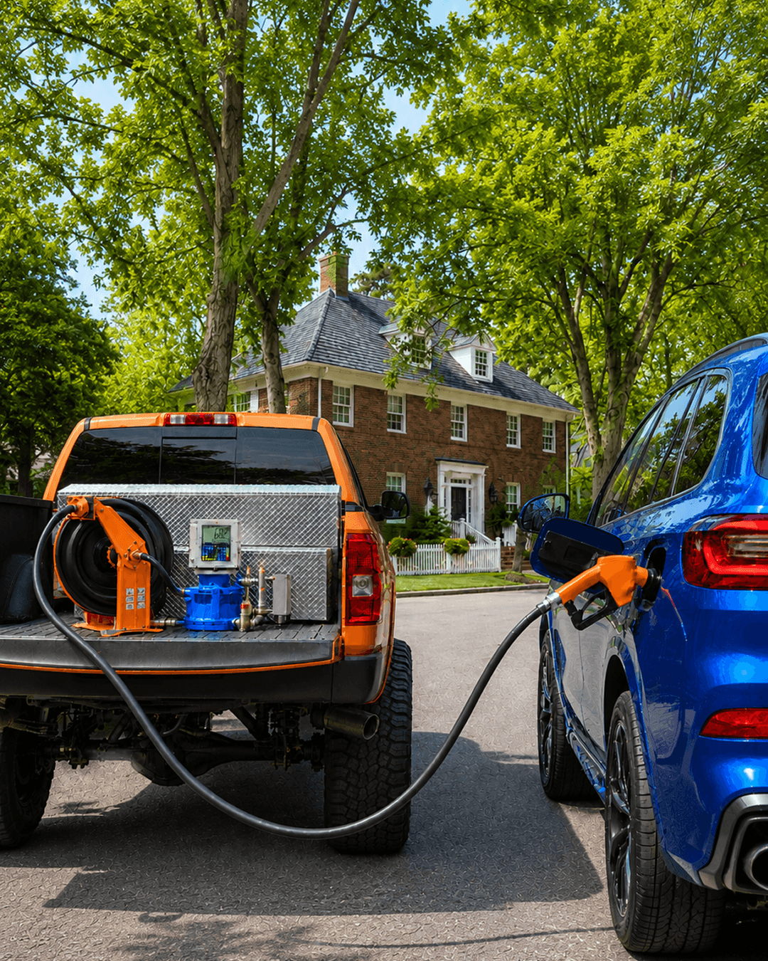Pump'd fuel truck delivering gas to a customer's vehicle in a driveway